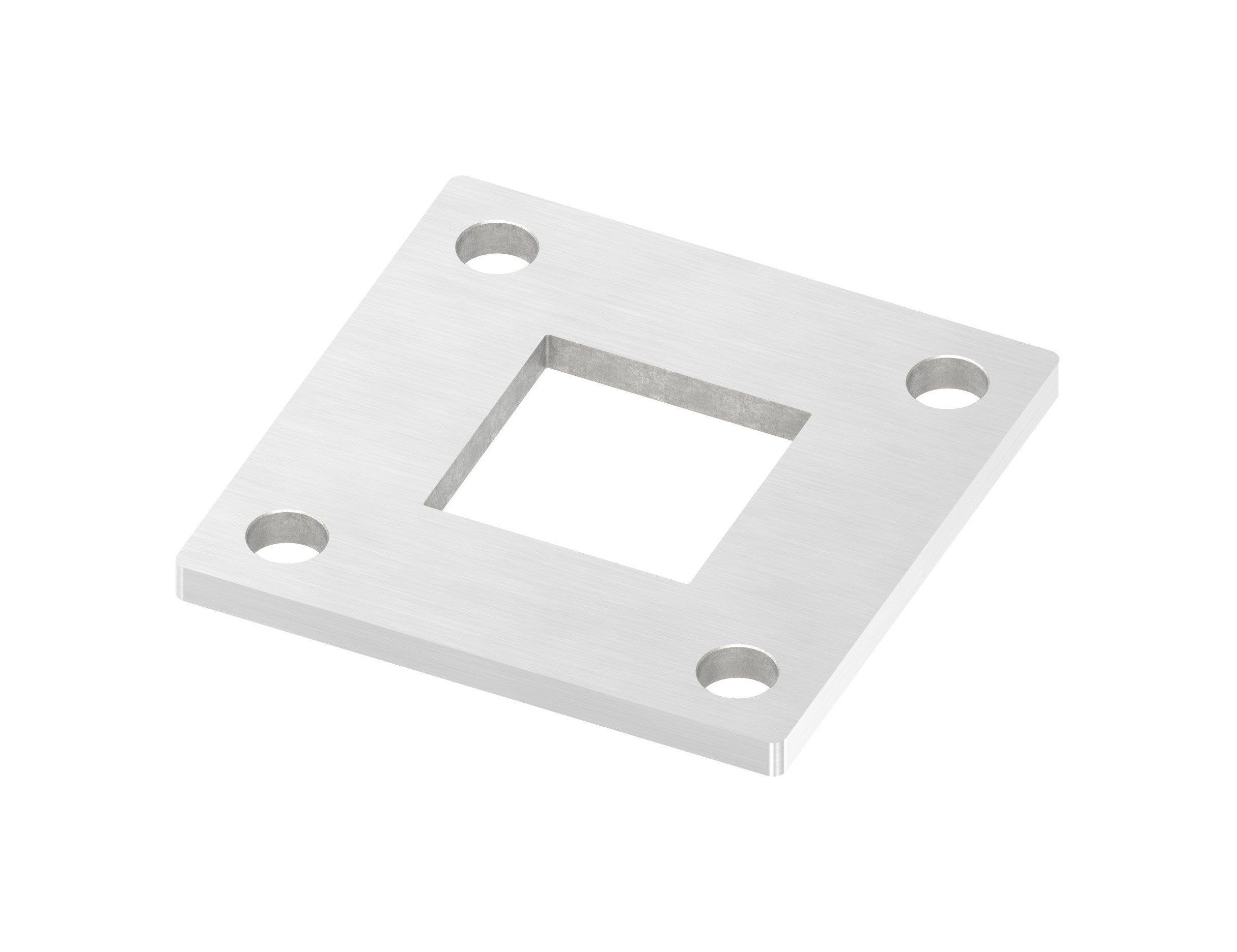 Edelstahl Ankerplatte quadratisch, ohne Fase, 4 Bohrungen und Mittelbohrung, Längsschliff, V2A