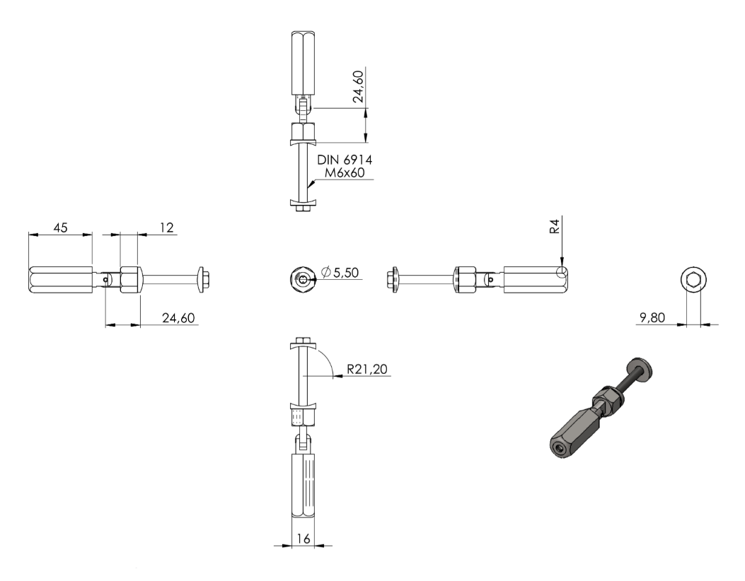 Zeichnung Gewindeterminal mit Gelenk für Seil Ø 4 mm