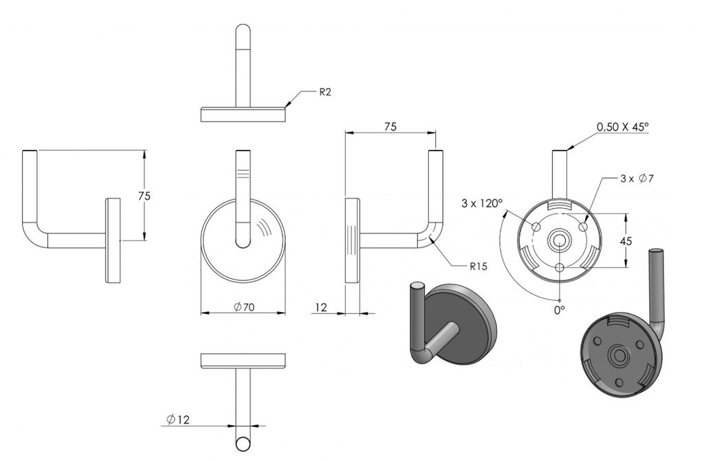 Zeichnung Handlaufhalter mit 3 Bohrungen Ø 7 mm