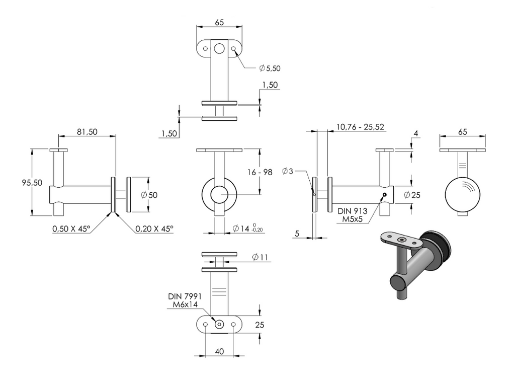 Zeichnung Handlaufhalter mit Halteplatte flach