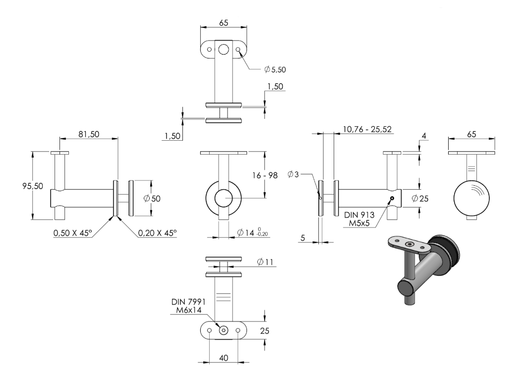 Zeichnung Handlaufhalter mit Halteplatte flach