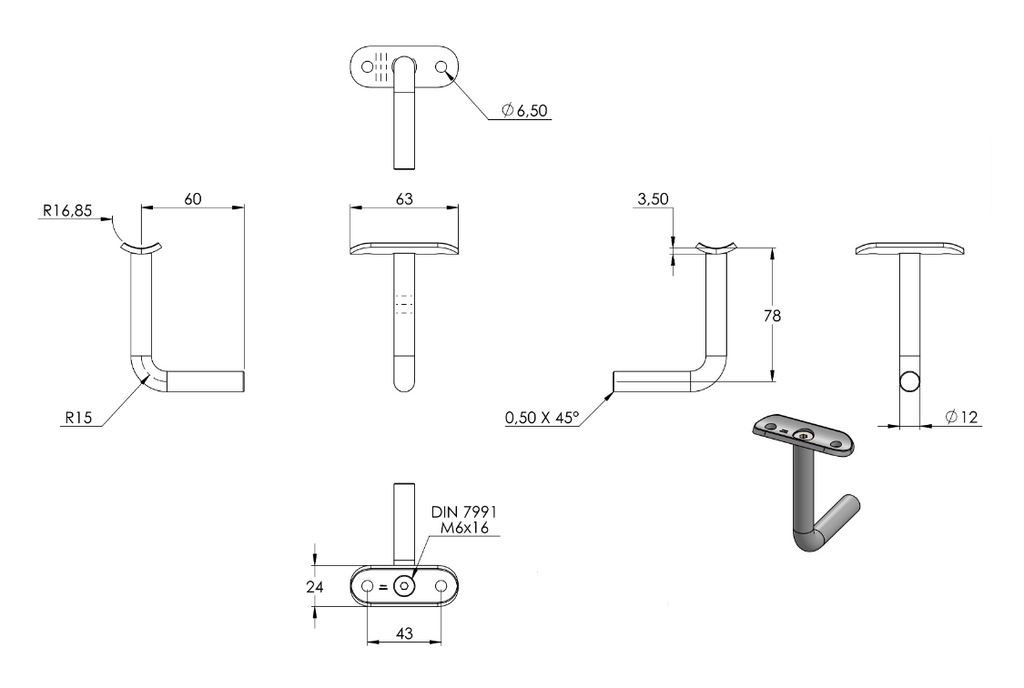 Zeichnung Bügel mit Handlaufanschlussplatte Ø 33,7 mm