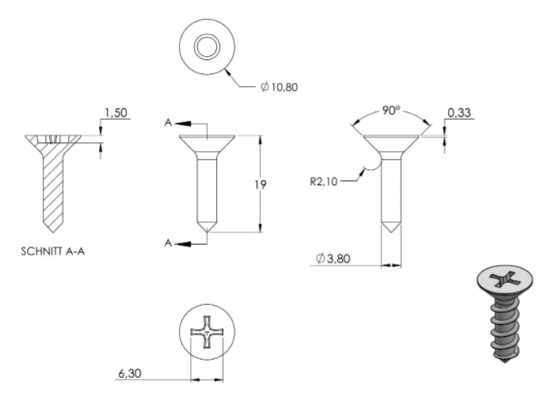 Senkkopf-Blechschraube 5,5 x 19 mm, ISO 7050, DIN 7982, V2A