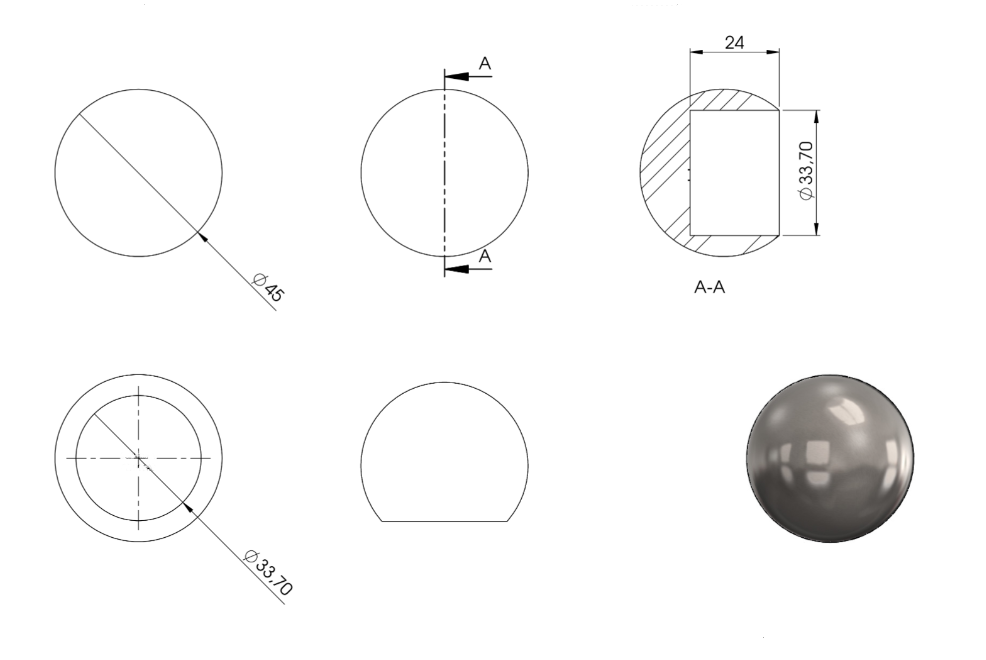 Zeichnung Rohrabschlusskugel für Rohr Ø 33,7 mm