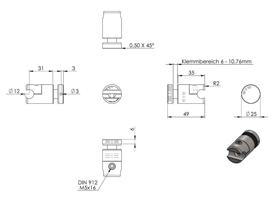 Klemmhalter mit Glaspunkthalter, zur nachträglichen Montage an Rundstab Ø 12 mm, V2A