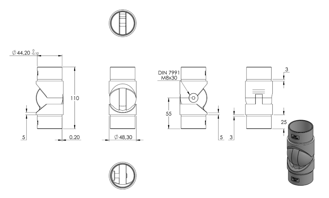 Zeichnung Gelenkstück für Rohr Ø 48,3 x 2,0 mm