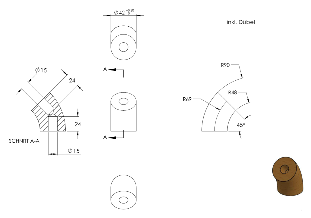 45° Bogen für Holzhandlauf Buche,  Ø 42 mm, geschliffen und lackiert, für den Innenbereich