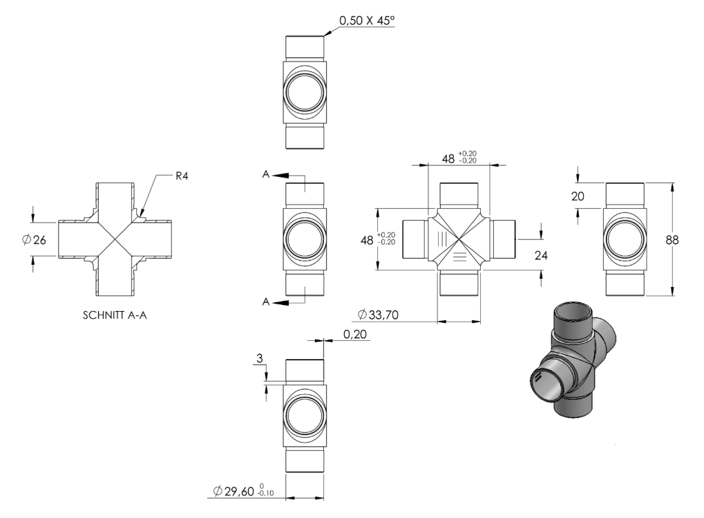 Zeichnung Kreuzstück für Rohr Ø 33,7 x 2,0 mm