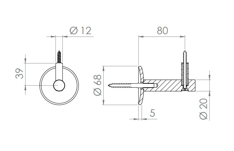 verschraubter Handlaufhalter mit Durchgangsbohrung, Stockschraube und Holzschraube, V2A