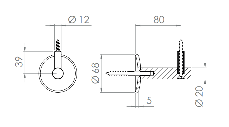 verschraubter Handlaufhalter mit Durchgangsbohrung, Stockschraube und Holzschraube, V2A