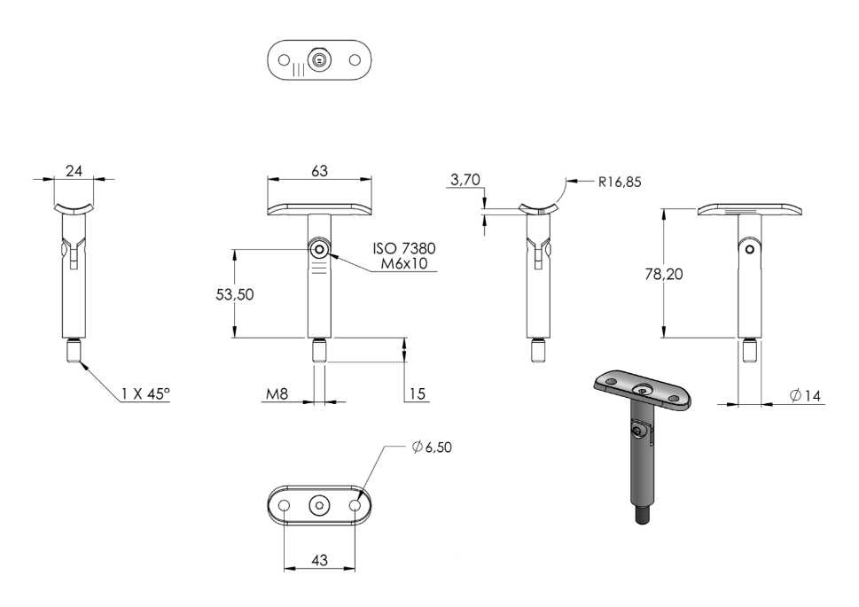 Zeichnung Stift Ø 14 mm, Halteplatte Ø 33,7 mm