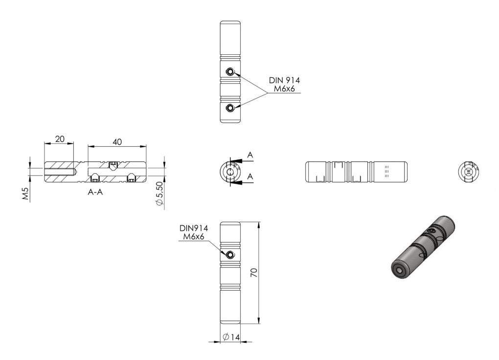 Zeichnung Gewindeterminal für Seil Ø 5 mm, mit Innengewinde M5