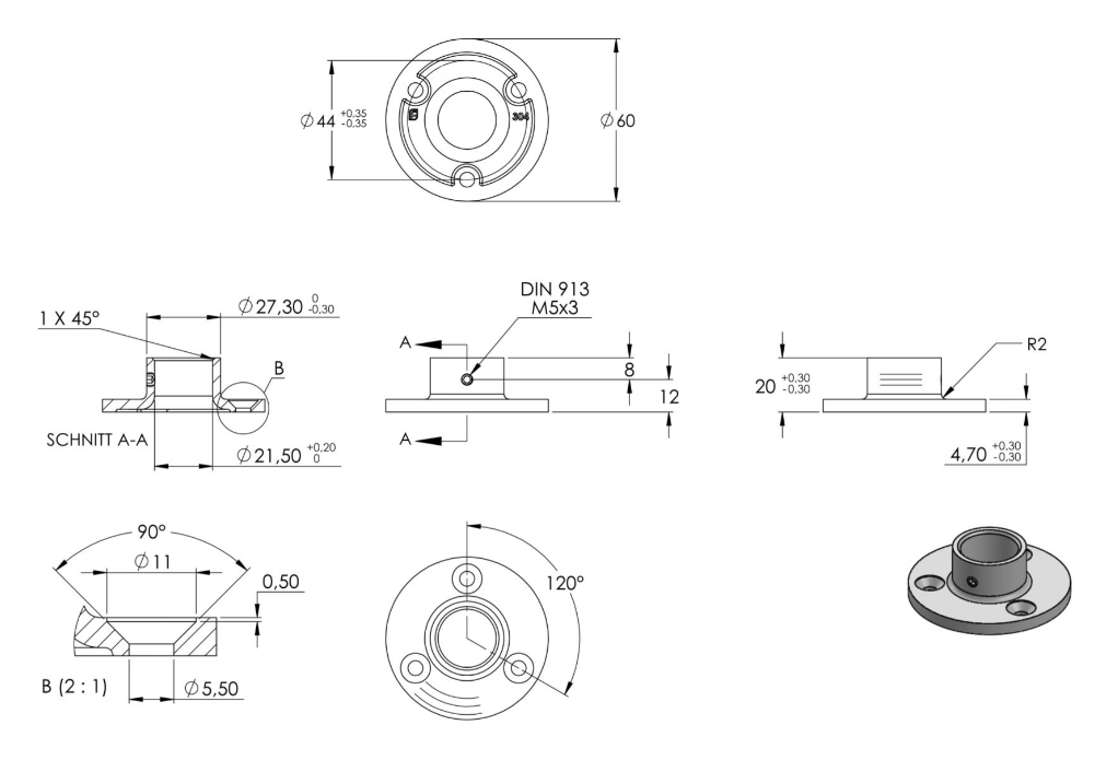 Zeichnung Wand- und Bodenanker für Rohr Ø 21,3 mm