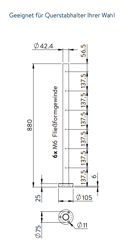 Edelstahlpfosten zur Bodenmontage, Länge 880 mm, 6 x M6 Fließformgewinde, V2A