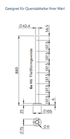 Edelstahlpfosten zur Bodenmontage, Länge 880 mm, 6 x M6 Fließformgewinde, V2A