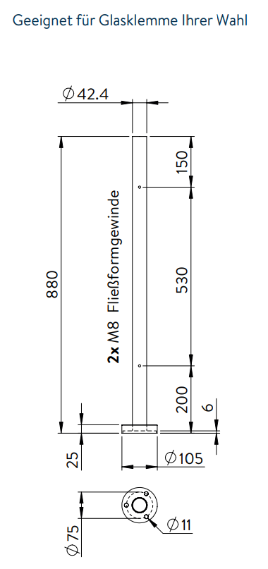 Edelstahlpfosten zur Bodenmontage, Länge 880 mm, 2 x M8 Fließformgewinde, V2A