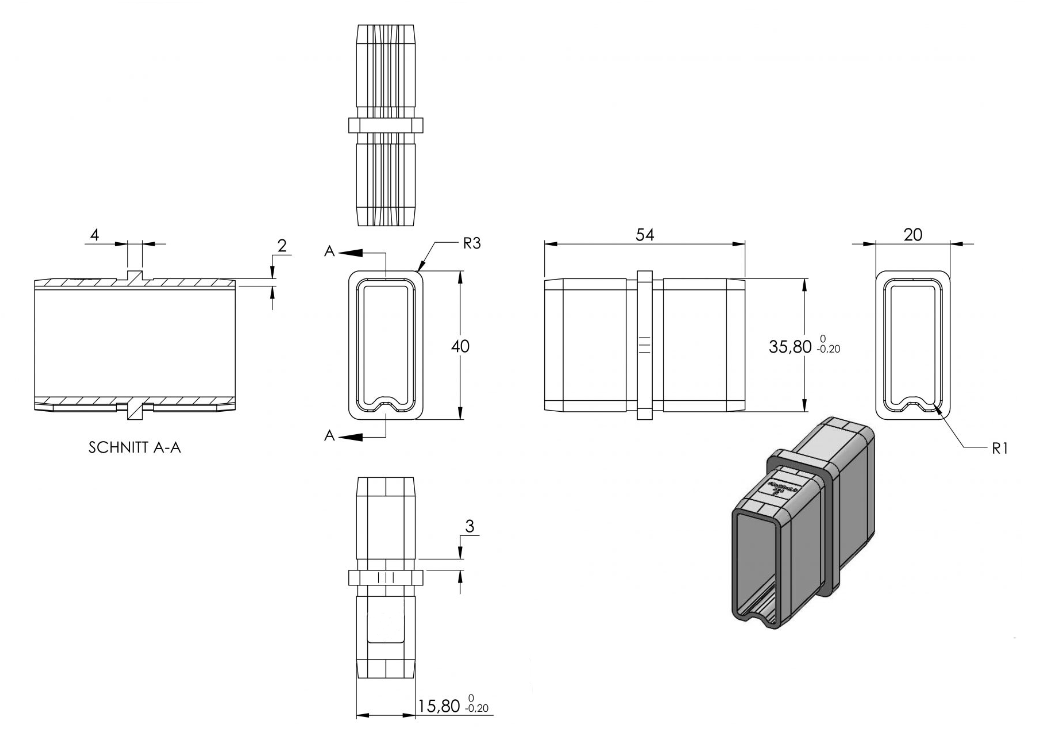 Zeichnung Verbinder für Rechteckrohr 40 x 20 x 2,0 mm