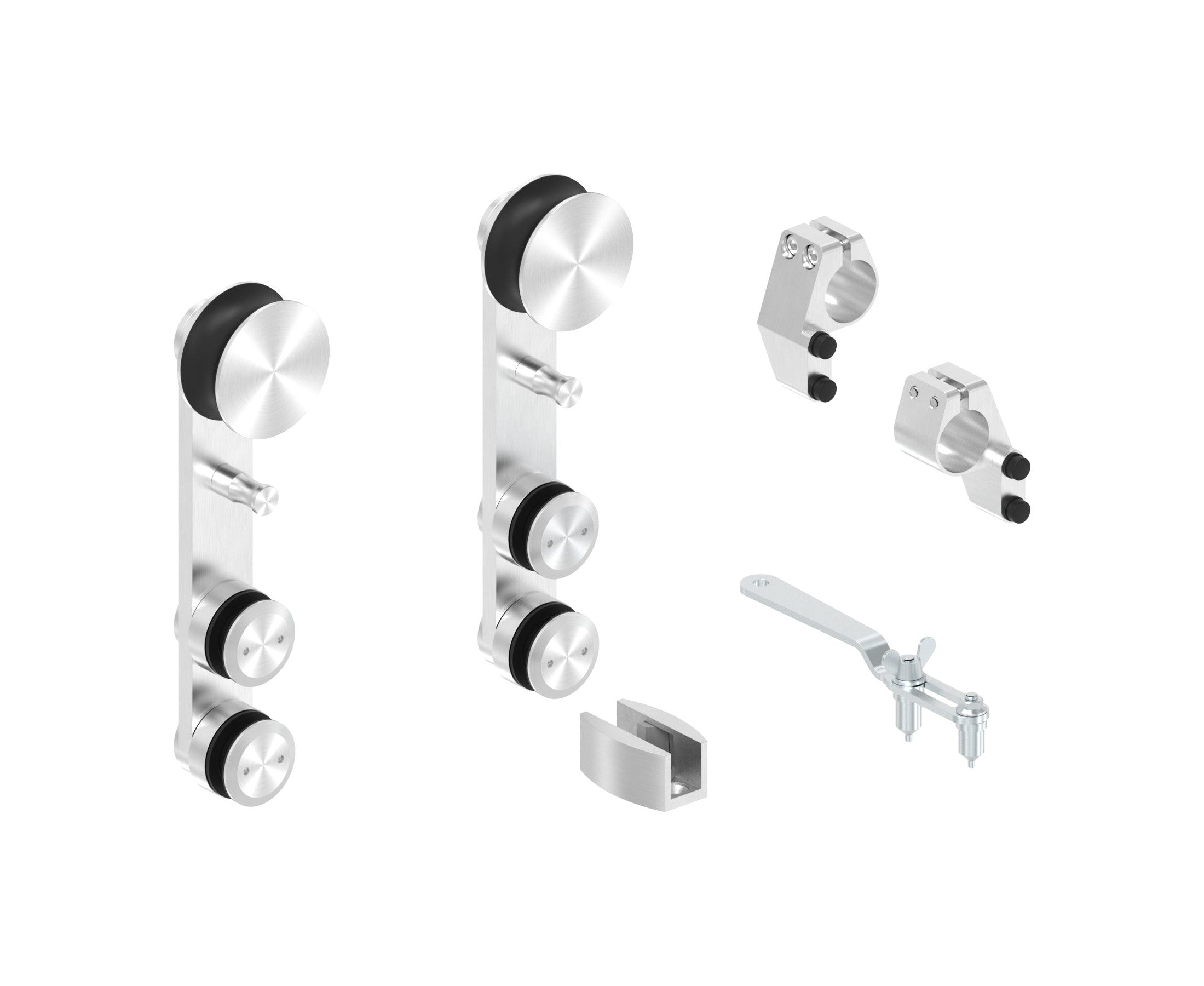 Glasschiebetürsystem, Set mit 2 Einzelrollwagen, Stopper, Bodenführung und Gabelschlüssel, V2A