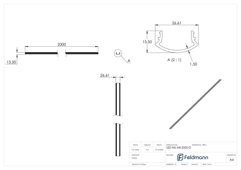 LED-Nutrohr LUNORA®, Kunststoffabdeckung diffus für Rund-Nutrohr 42,4mm, PMMA, L: 2000mm