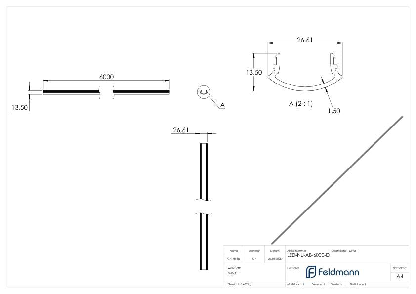 LED-Nutrohr LUNORA®, Kunststoffabdeckung diffus für Rund-Nutrohr 42,4mm, PMMA, L: 6000mm