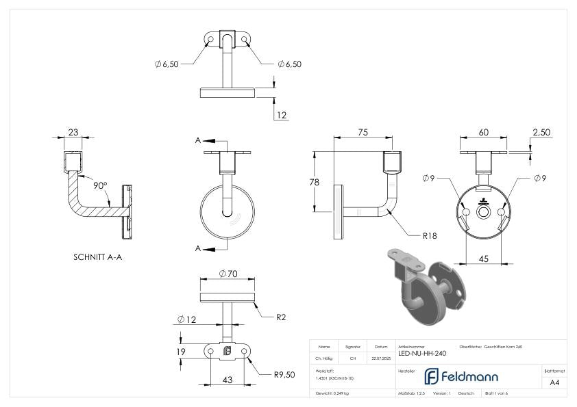 Handlaufhalter für LED Handlauf (Ronde und Bügel verschweißt), V2A