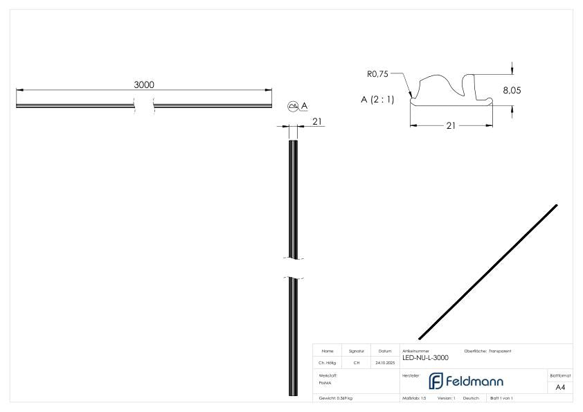 LED-Nutrohr LUNORA®, Linse für gerichtete Lichtverteilung, zum Einschieben in Abdeckung, L: 3000mm