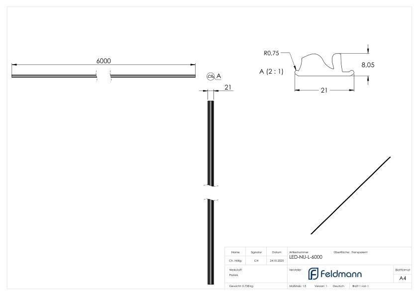 LED-Nutrohr LUNORA®, Linse für gerichtete Lichtverteilung, zum Einschieben in Abdeckung, L: 6000mm