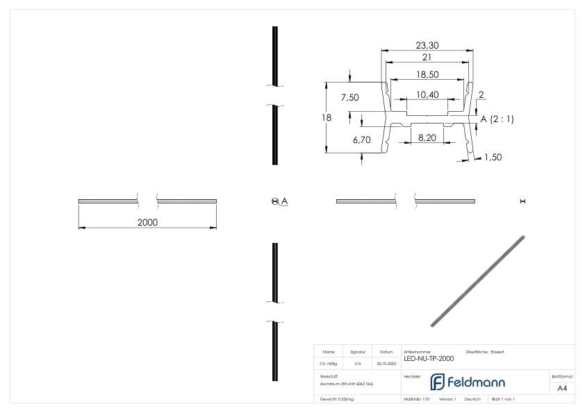 LED-Nutrohr LUNORA®, Aluminium Trägerprofil zum Wenden, für Rund-Nutrohr 42,4mm, L: 2000mm