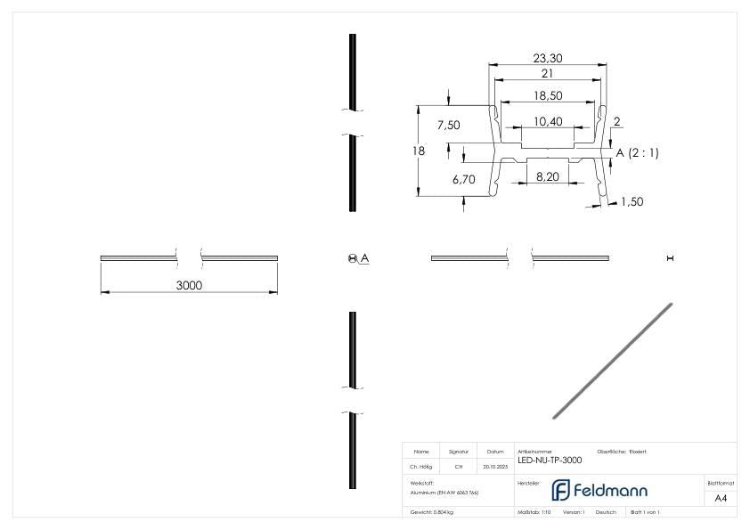 LED-Nutrohr LUNORA®, Aluminium Trägerprofil zum Wenden, für Rund-Nutrohr 42,4mm, L: 3000mm