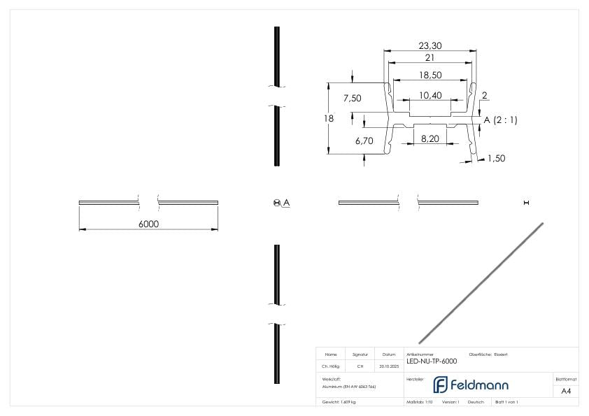 LED-Nutrohr LUNORA®, Aluminium Trägerprofil zum Wenden, für Rund-Nutrohr 42,4mm, L: 6000mm