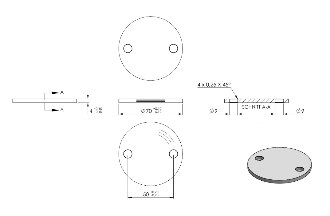 Zeichnung Ankerplatte Ø 70 x 4 mm mit Rundschliff