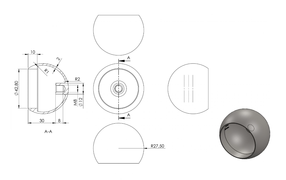 Zeichnung Rohrabschlusskugel für Rohr Ø 42,4 mm