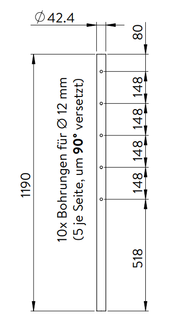 Edelstahlpfosten, mit 5 Durchgangsbohrungen 90° versetzt (Eckpfosten), V2A