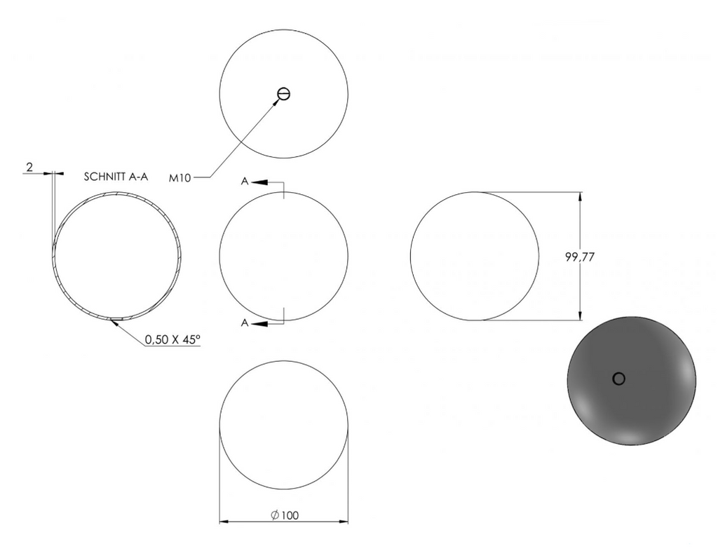 Zeichnung Hohlkugel messingbeschichtet Ø 100 mm, mit Gewinde 10