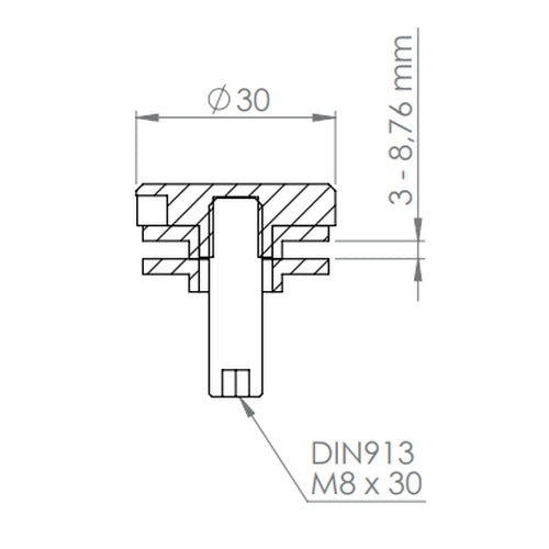 BRENK-fix® Glaspunkthalter Ø 30 mm, mit Gewindestift und Gummipaar / Alu, V2A, V4A