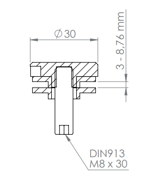 BRENK-fix® Glaspunkthalter Ø 30 mm, mit Gewindestift und Gummipaar / Alu, V2A, V4A