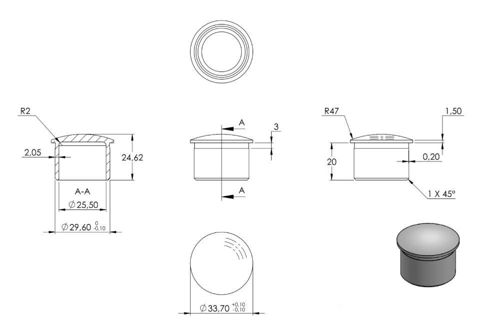 Zeichnung Rohrabschlussstopfen für Rohr Ø 33,7 x 2,0 mm