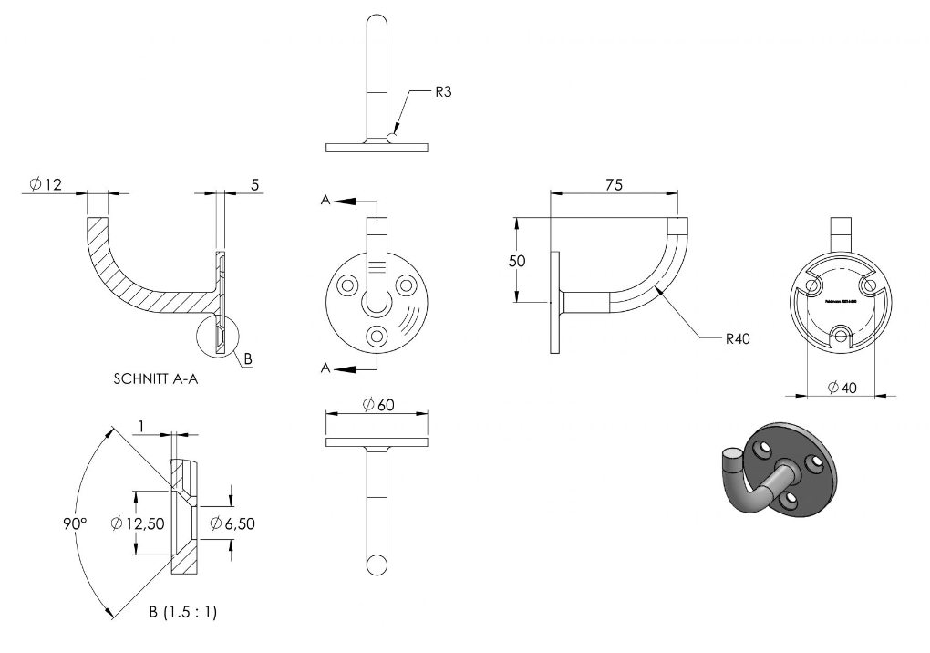 verschweißter Handlaufhalter mit 3 Bohrungen, zum Anschweißen des Handlaufs, V2A / V4A