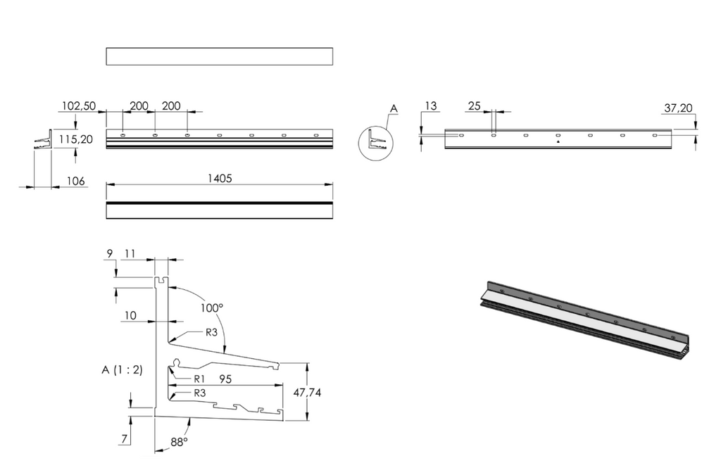Zeichnung Glasvordach-Profil ELEGANZA CANOPY Länge 1405 mm