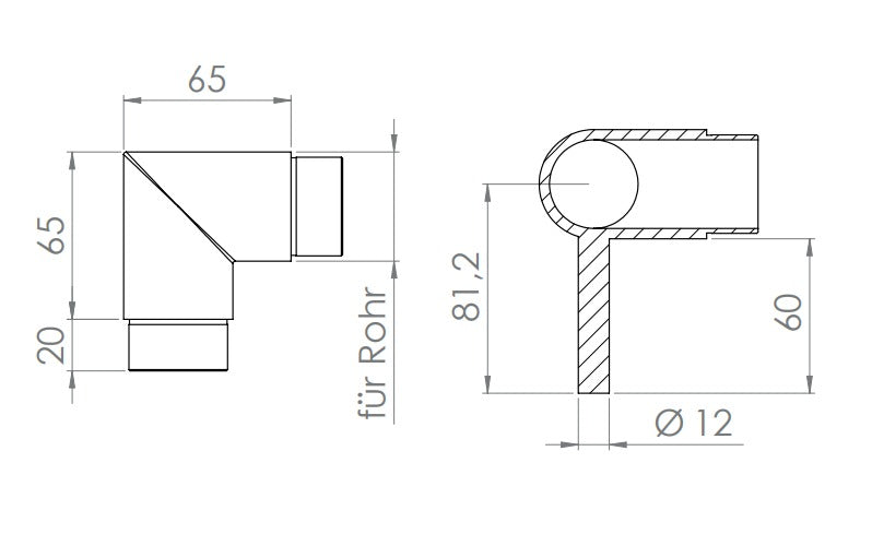 verschweißter Handlaufhalter, Stift mit Steckecke 90° für Rohr Ø 42,4 mm, V2A