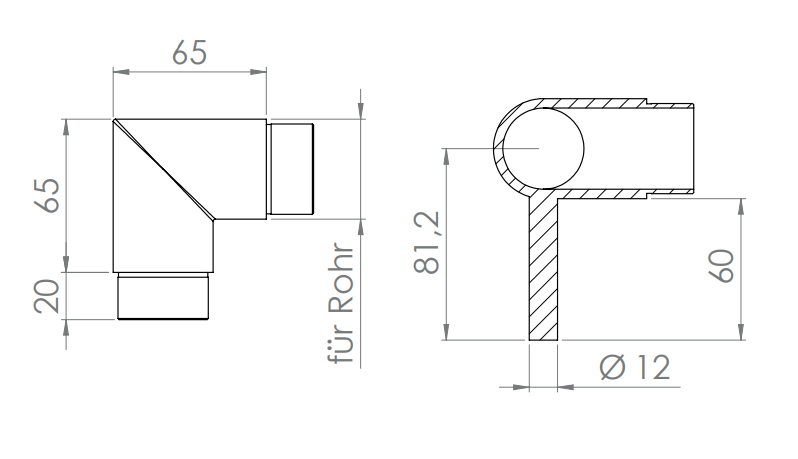 verschweißter Handlaufhalter, Stift mit Steckecke 90° für Rohr Ø 42,4 mm, V2A
