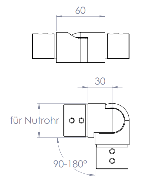 flexibler Verbinder für Rund-Nutrohr, seitwärts 90-180°, V4A