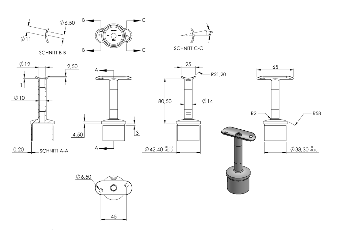 Zeichnung Handlaufstütze für Rohr Ø 42,4 x 2,0 mm, für Handlauf Ø 42,4 mm