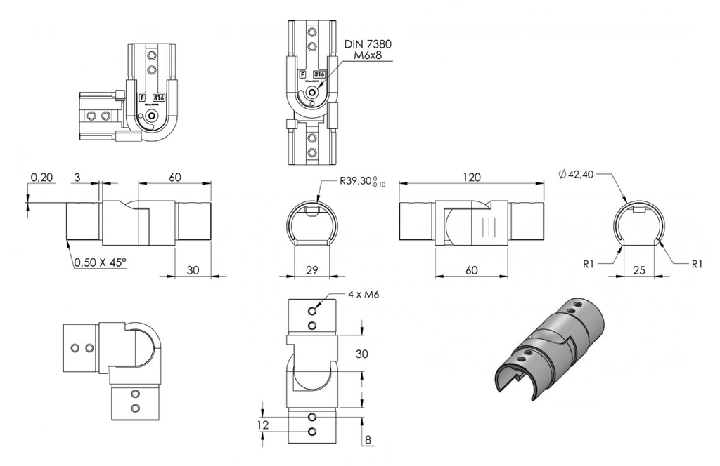 flexibler Verbinder für Rund-Nutrohr, seitwärts 90-180°, V4A