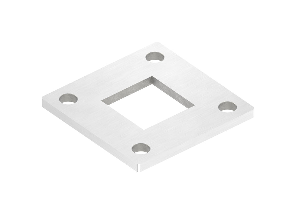 Edelstahl Ankerplatte quadratisch, ohne Fase, 4 Bohrungen und Mittelbohrung, Längsschliff, V2A