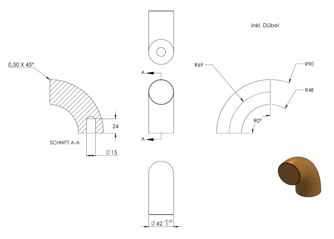 90° Endbogen für Holzhandlauf Buche, Ø 42 mm, geschliffen und lackiert, für den Innenbereich