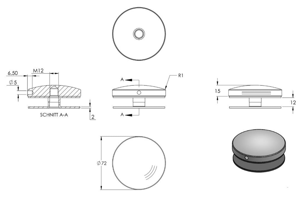 Glaspunkthalter Ø 72 mm selbst zusammenstellen, Oberteil inklusive Gummis, V2A