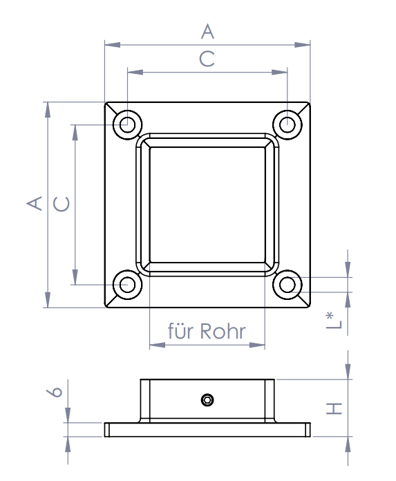 Edelstahl Wand- und Bodenanker, zum Festklemmen, mit Madenschraube und 4 Bohrungen, V2A / V4A