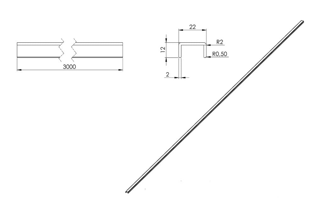 Zeichnung Kantenschutzprofil Länge 3 m für Glasstärke 16,00 - 17,52 mm