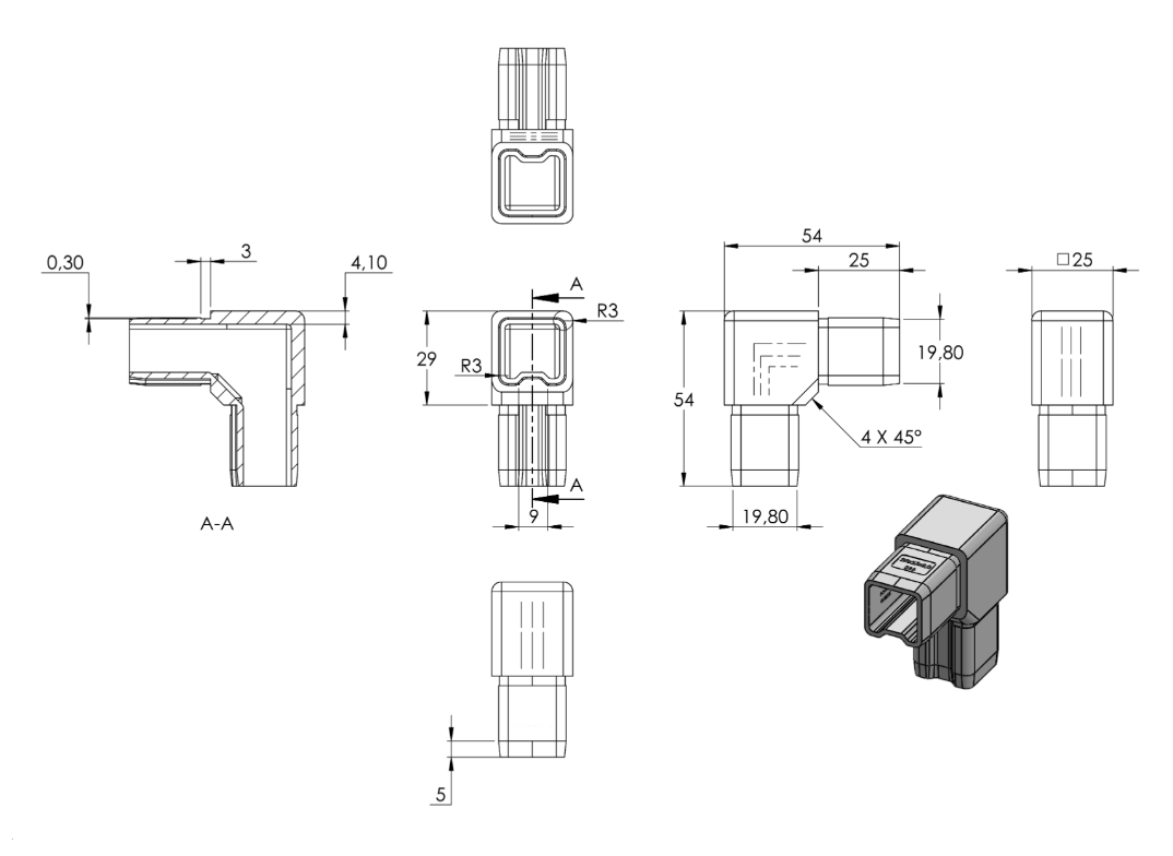 Zeichnung Quadratrohr-Verbinder für Rohr 25 x 25 x 2,0 mm